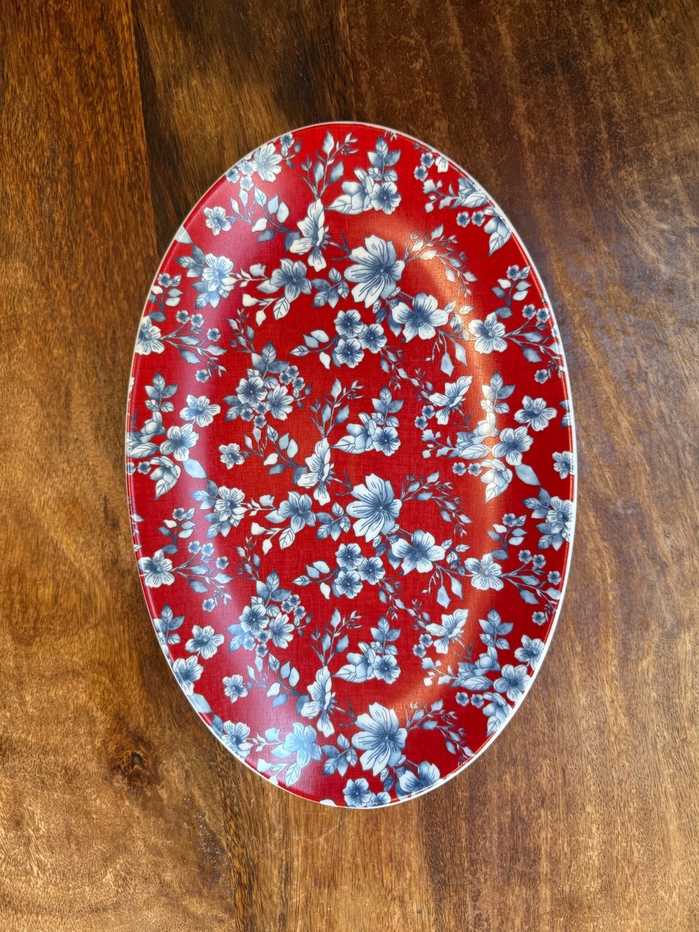 Sur La Table Red Oval Floral Serving Platter with Blue Flowers